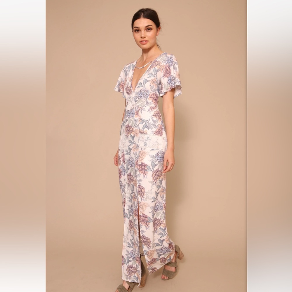 MINKPINK Floral Maxi Dress in Cream with Blue and Pink Print
